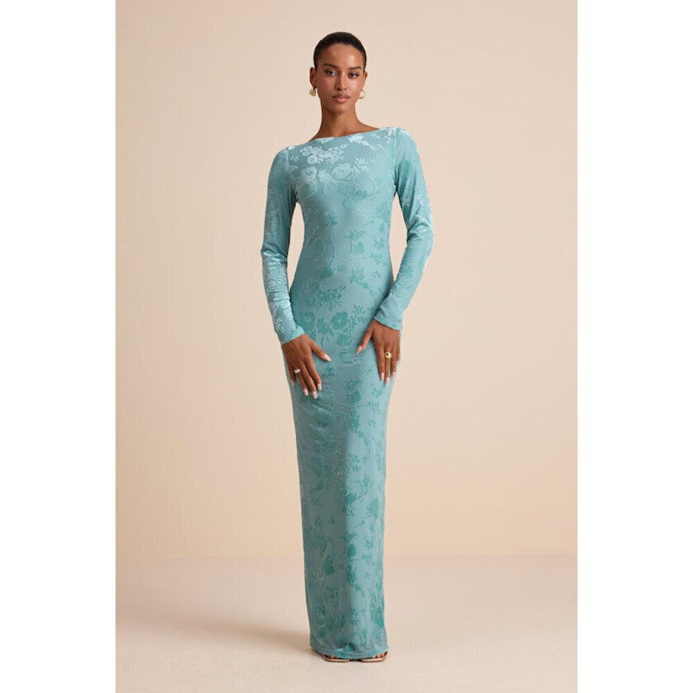 NWT Lulus Amiria Light Aqua Burnout Velvet Long Sleeve Maxi Dress Blue Size XS